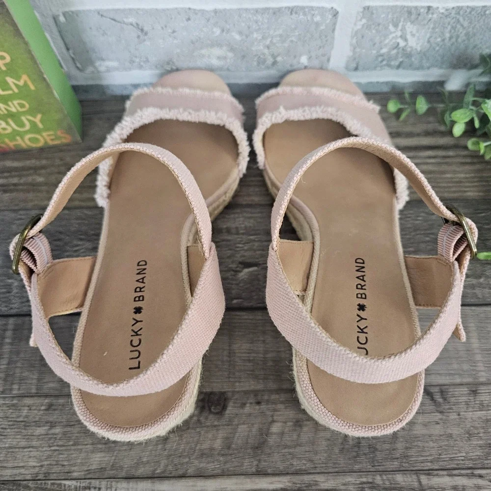Lucky Brand Pink Canvas Espadrille Wedge Sandals‎ Women Size 10 Adjustable Strap